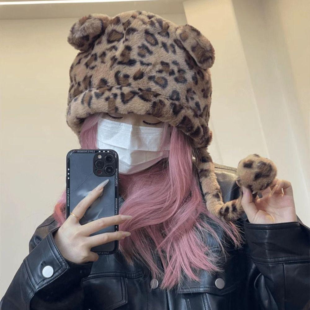 Korean Style Plush Bear Hat Leopard Print Ear Protection Hat Warm Cartoon Fleece Hat  Girls