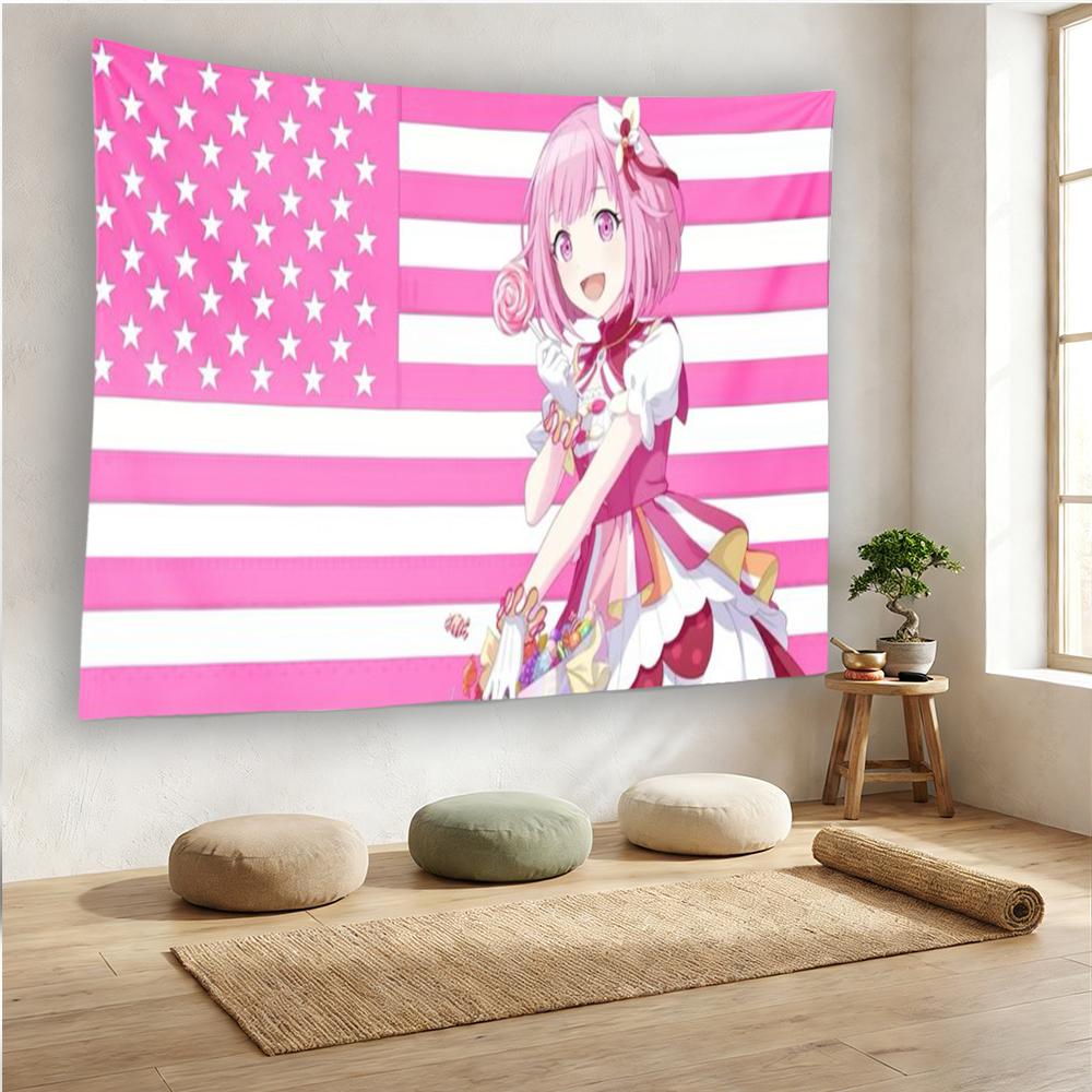Anime Pink Hair Girl American Flag Tapestry Wall Hanging Cute Lollipop Character Poster Decorative Blanket Bedroom Living Room H