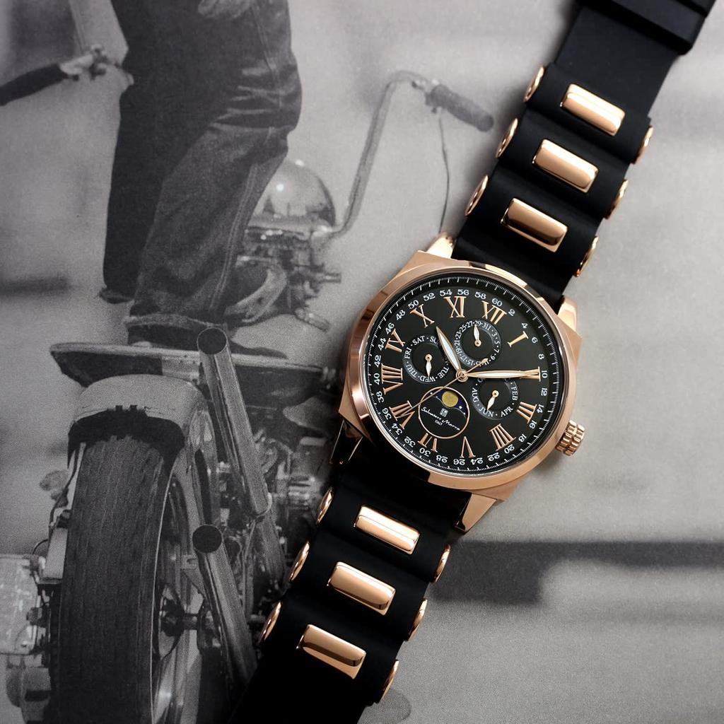 Watch Moon Phase Multi Calendar 5 ATM Water Resistant Business Formal Rubber Belt Limited Model Black Pink Gold [Salvatore Mara] Men's SM22105R-PGBK