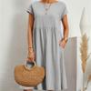 Весенне-летние женские хлопковые льняные платья большого размера, однотонное повседневное платье с коротким рукавом и круглым вырезом