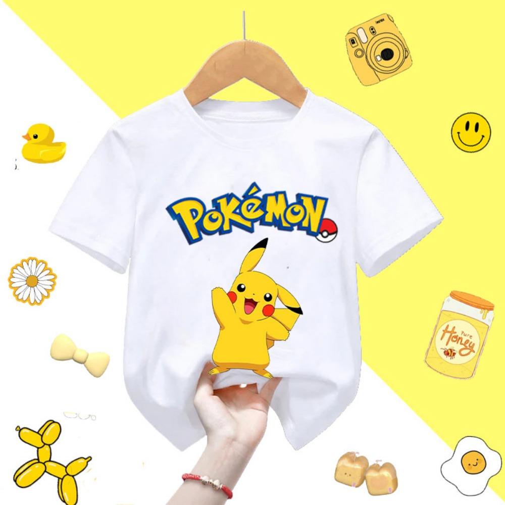 Summer Children's Playful Pikachu Print Short-sleeved Casual T-shirt for Boys and Girls, Comfortable and Soft.