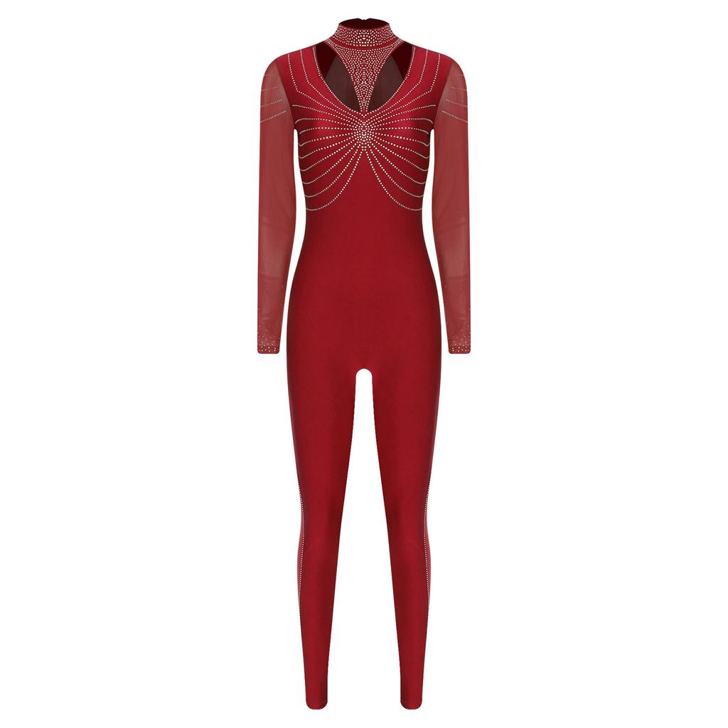 Женский гимнастический комбинезон с блестящими стразами, пэчворк, с воротником-стойкой, длинными рукавами, застежкой-молнией на спине.