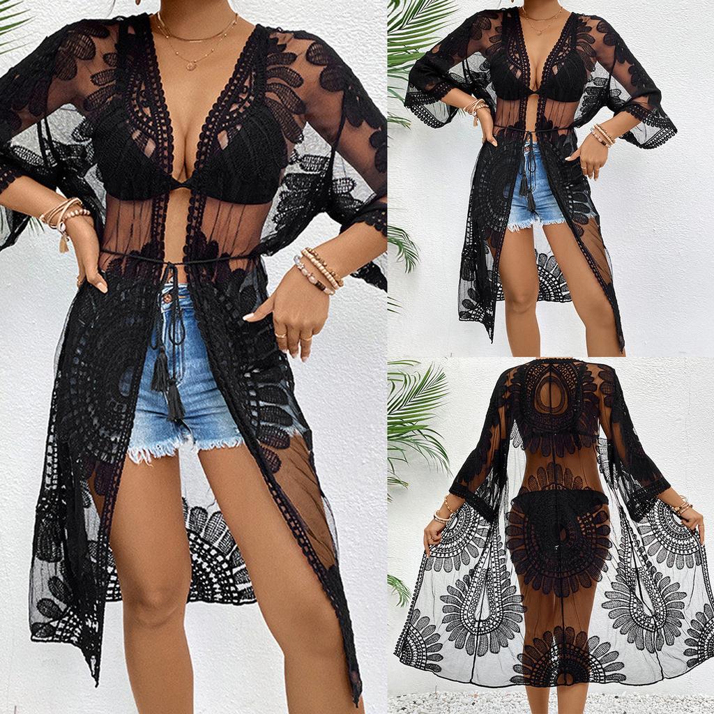 Женское бикини, накидка с цветочной вышивкой, прозрачное кружевное пляжное кимоно для купальника, купального костюма, летней одежды