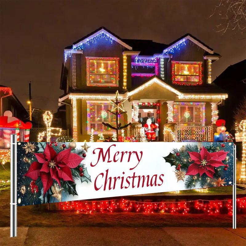Merry Christmas Holiday Outdoor Christmas Banner, Garden Fence Porch Party Decor