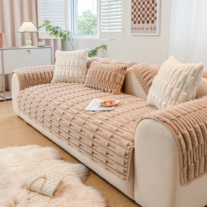 Black Thicken Sofa Cover Winter Artificial Rabbit Plush Couch Cushion Living Room Non-Slip Soft Towel Back Universa Sofas Mat