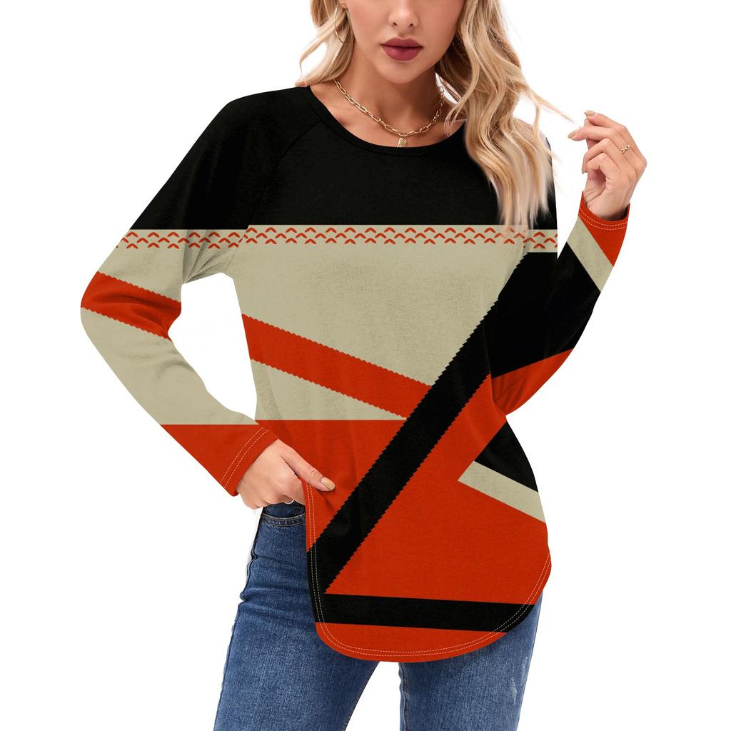 Женские рубашки с длинным рукавом, повседневная мода, туника с геометрическим принтом, топы с круглым вырезом, базовая свободная футболка