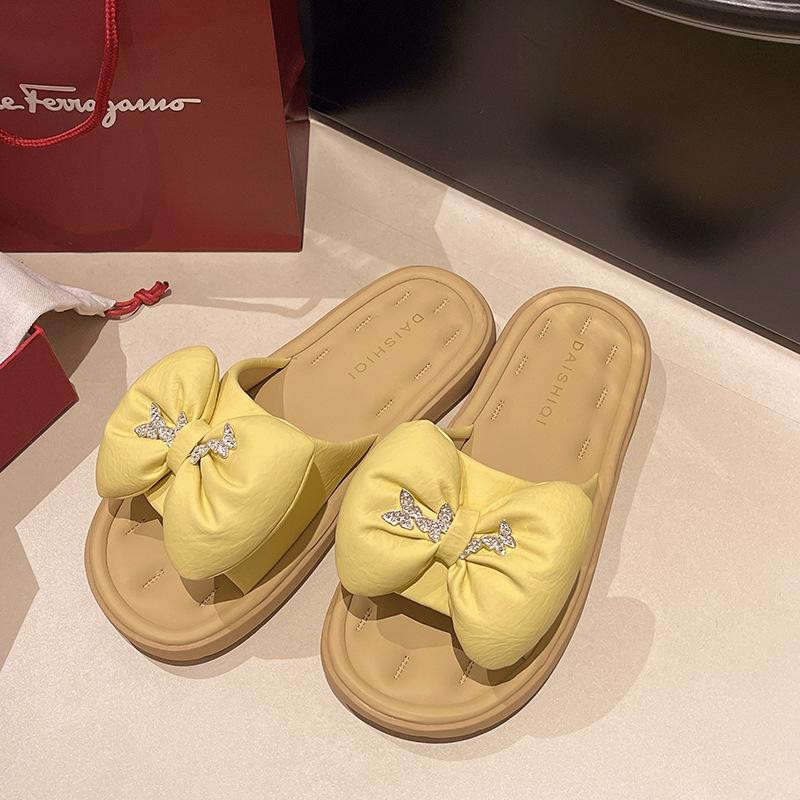 Flat-bottomed Bow Slippers Women's Summer Outer Wear 2025 New High-end Soft Bottom Non-slip Fashionable Versatile One-word Sandals