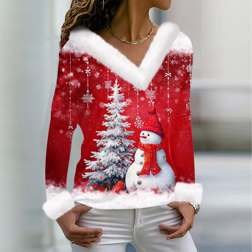 Женская футболка с рождественским принтом, длинный рукав, флисовый воротник, V-образный вырез, футболка
