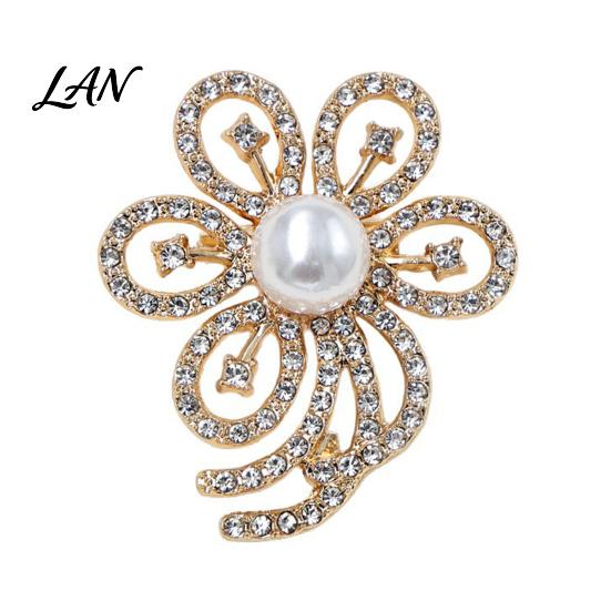 Electroplated Brooch Faux Pearl Rhinestone Flower Brooch, Hollow Floral Lapel Pin for Wedding Bridal Shower, Women Girls Clothing Jewelry Accessories