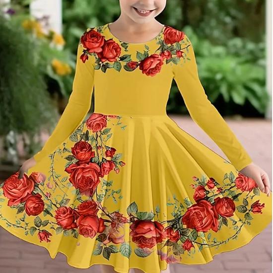 Повседневное платье для девочки с 3D-принтом, круглым вырезом и длинными рукавами, детское платье принцессы