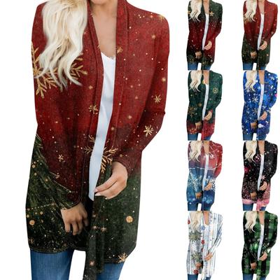 Женский модный и повседневный рождественский принтованный кардиган средней длины с длинными рукавами