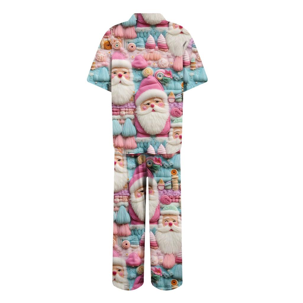 Женский рождественский пижамный комплект с принтом, женские короткие рукава, длинные брюки, комплект из двух предметов, застегивающийся на пуговицы, домашняя одежда