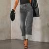 Women Baggy Jeans High Waisted Wide Leg Denim Pants Stretchy Cuffed Hem Straight Boyfriend Jeans with Pockets