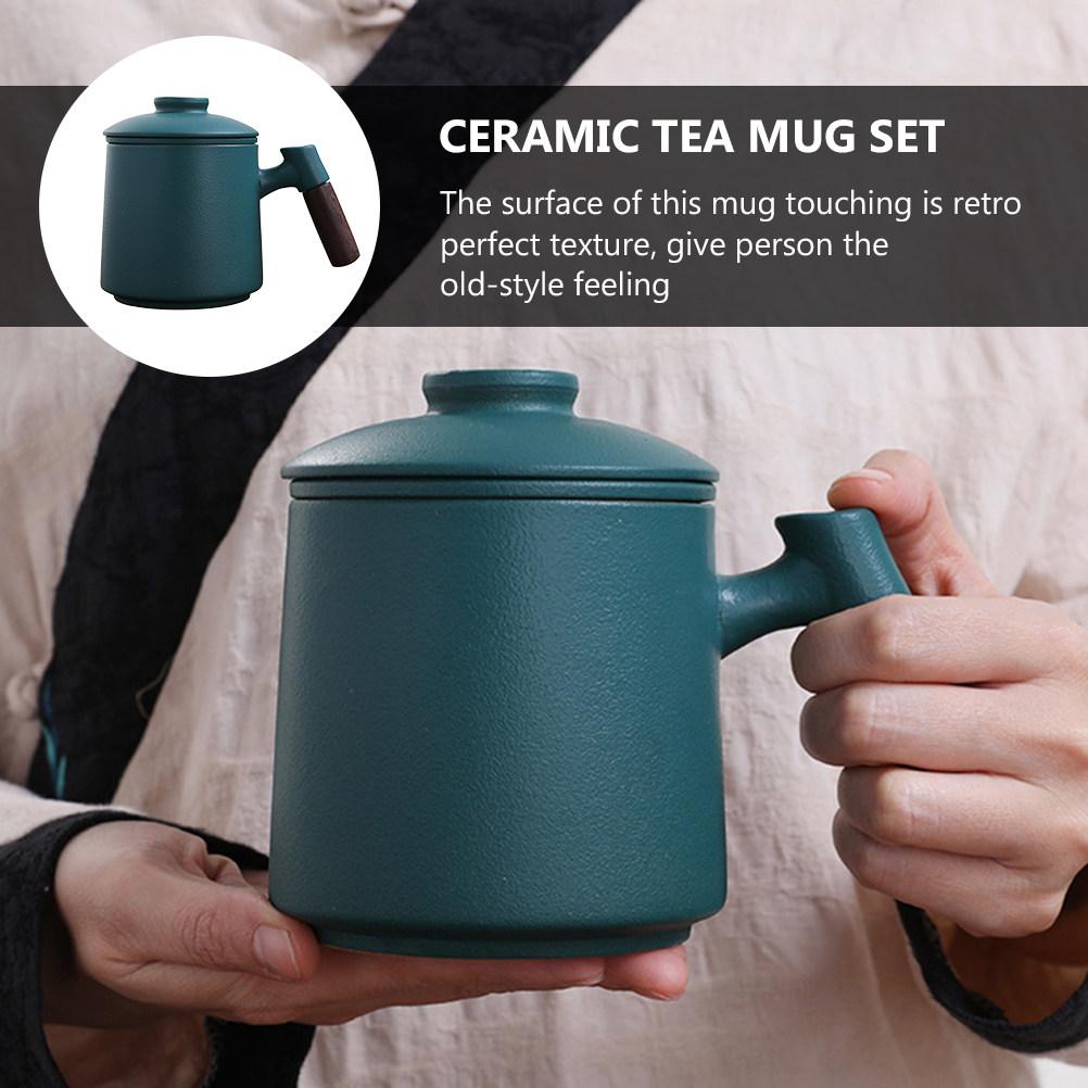 1Set Ceramic Tea Mug with Wood Handle and Built-in Stainless Steel Infuser Retro Texture Smooth Finish for Home Office Dorm Tea