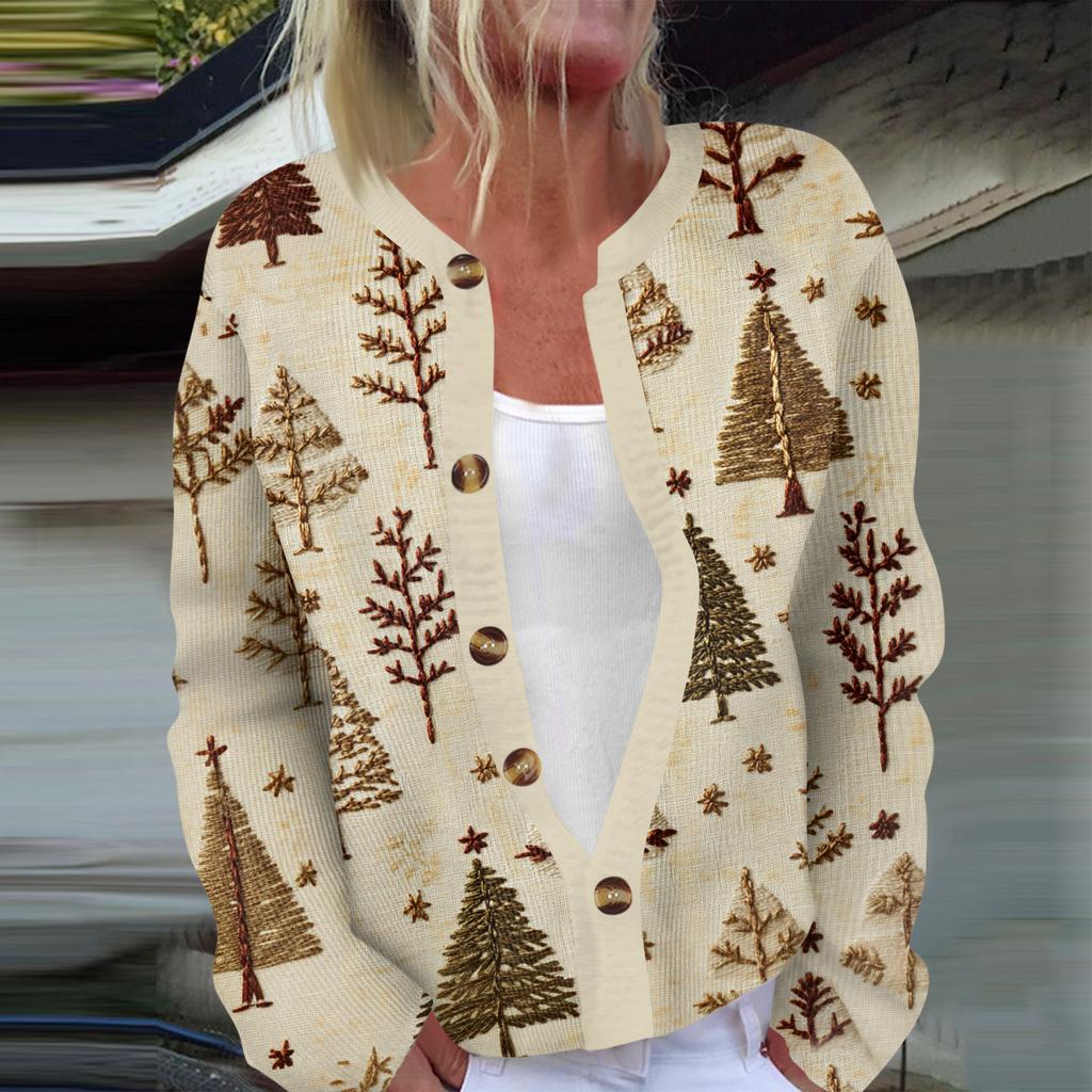 Women's Fashion Long Sleeve Christmas Snowman Snowflake Print Jacket Cardigan