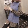 Fake Two Piece Plaid Sweater Loose Retro Women's Autumn/Winter Fashion Round Neck Long Sleeve Knitted Bottom Pullover Top