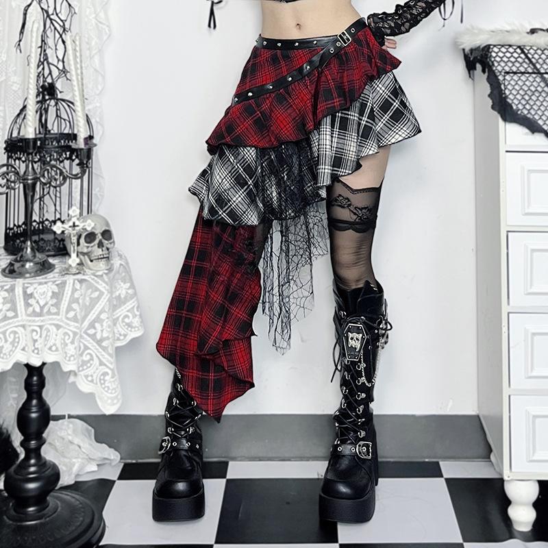 AltGoth Harajuku Гранж Готическая юбка Женская уличная одежда Панк Темная клетчатая лоскутная нестандартная юбка Y2k E-girl Эмо Альтернативная юбка