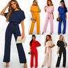 Jumpsuit Women Summer Short Sleeve Casual One Piece Romper Lady Slim Waist Long Overalls