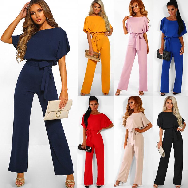 Jumpsuit Women Summer Short Sleeve Casual One Piece Romper Lady Slim Waist Long Overalls