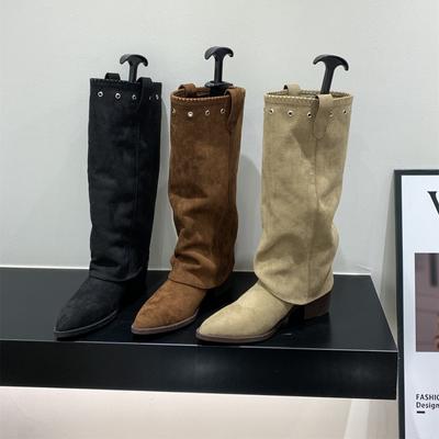 Коричневые замшевые ботфорты на высоком каблуке с острым носком Женские ботинки 2025 Осень/Зима Западные облегающие ботинки