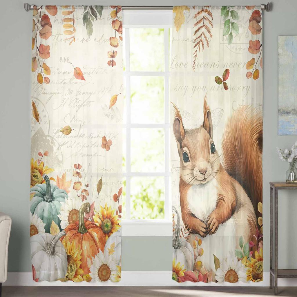 Thanksgiving Eucalyptus Leaf Pumpkin Sunflower Squirrel Sheer Curtains for Kids Living Room Voile Window Curtains Tulle Drapes