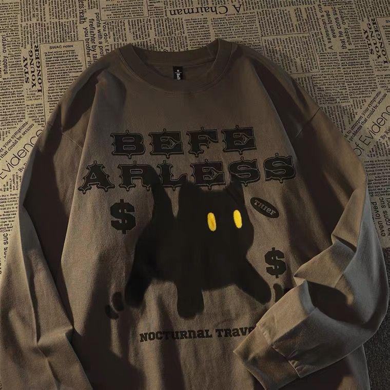 Grunge Cat Tshirts Women Harajuku Korean Fashion Oversize Long Sleeve T Shirts Female Hip Hop Vintage Gray Top Loose