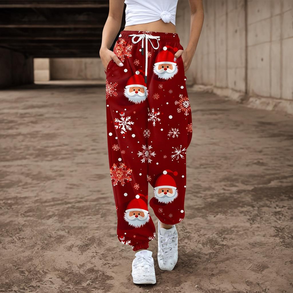 Women's Drawstring Elastic Waist Christmas Printed Casual Pants Sweatpants