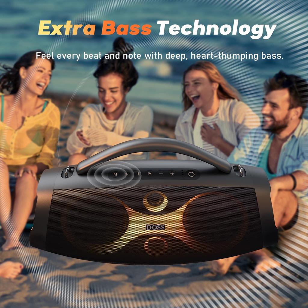 DOSS Extreme Boom Pro Bluetooth 30 Hours of 60W Loud Light Show IPX6 Enhanced Passive Shoulder Strap Perfect for and Travel Speaker, Wireless,