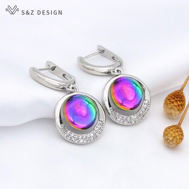 Trendy Elegant Cubic Zirconia Eardrop Colorful Round Crystal Drop Earrings For Women Girl Luxury Wedding Fashion Jewelry Gift Anti-allergy