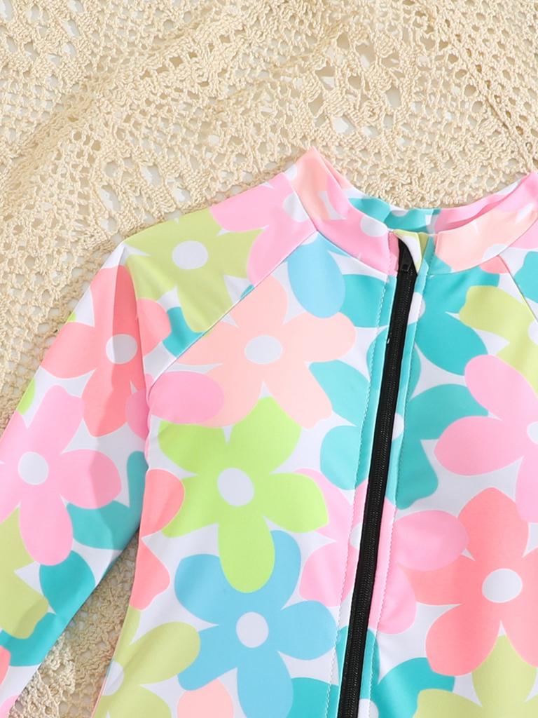 Модный комплект из 3 предметов для девочек, топ с цветочным принтом, однотонный купальник с короткими рукавами, купальный костюм