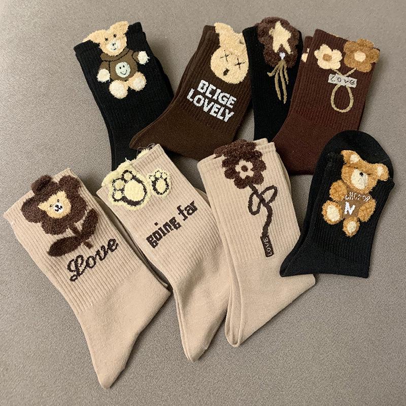 Женские модные носки средней длины с плюшевым медведем и цветком, осень/зима - Кофейный/черный