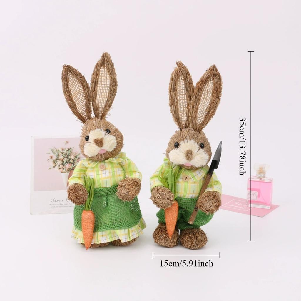 Набор из 2 пасхальных украшений: фигурка соломенного кролика, настольный декор, статуэтка пары кроликов с морковными яйцами, весенний декор, центральный элемент для домашнего стола, фермерского дома