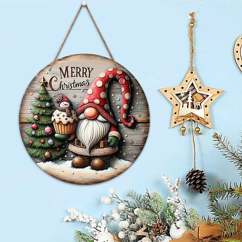 2D Рождественский круглый деревянный знак Санта-Клаус Снеговик Узор на дереве Украшения для праздничной вечеринки Подарок