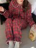 Korean Spring & Autumn Plaid Lace Peter Pan Collar Pajamas - Loose Couple Long Sleeve Homewear Set