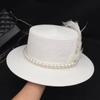 Ins Chic Summer Pearl Chain Feather White Grass Lady Fedoras Cap Women Leisure Panamjazz Hat