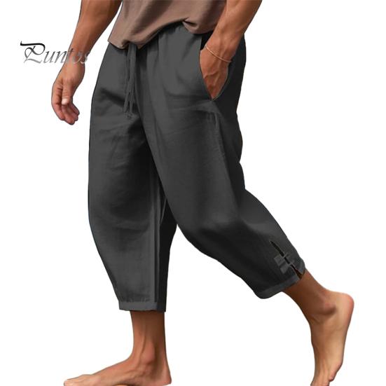Men Cropped Pants Drawstring Elastic Waist Solid Color Loose Pockets Split Deep Crotch Soft Breathable Summer Vacation Beach