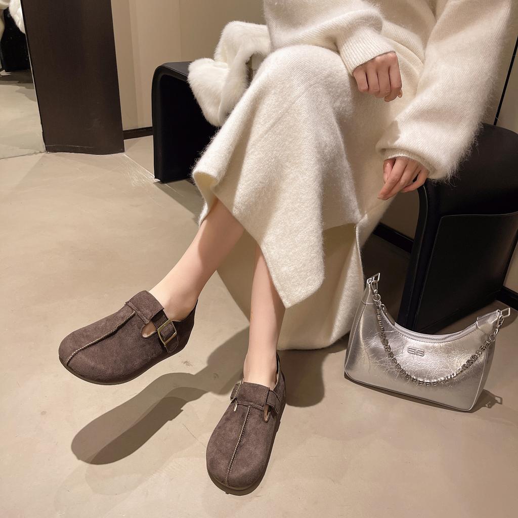 Fashion Women's Thick-soled Non-slip Solid-color Peas Clogs In Spring Autumn Korean Style Buckle Decorative Round-headed Low-top Shoes