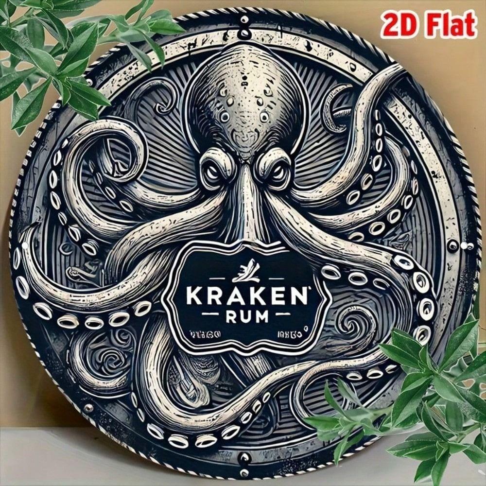 Жестяная табличка Kraken Spiced Rum Осьминог Винтажный Металлический Плакат Круглый 8x8 Дюймов Алюминиевое Настенное Искусство Декор для Домашнего Бара
