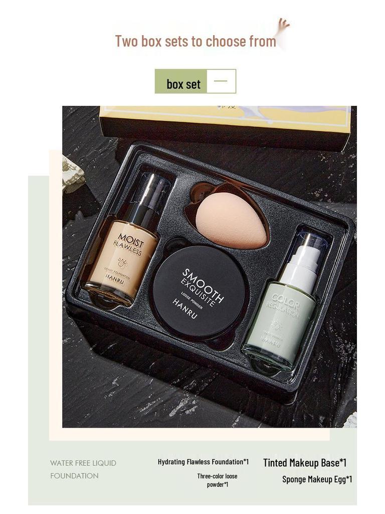 Набор для макияжа из 4 предметов Han Ru: Консилер, Тональный крем, Праймер и Рассыпчатая пудра для начинающих - Подарочная коробка в комплекте
