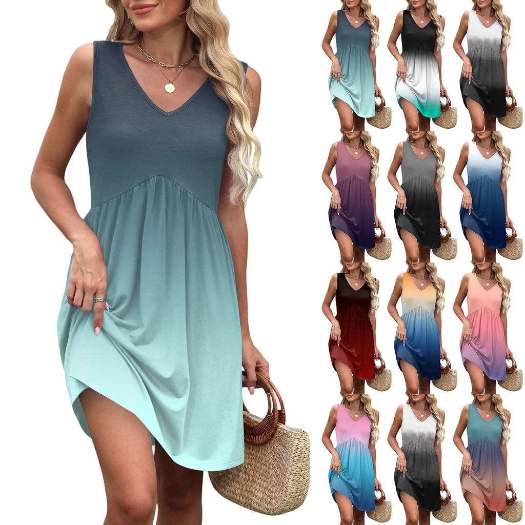 Women's Summer V-neck Casual Beach Vacation Gradient Sleeveless Patchwork Dresses