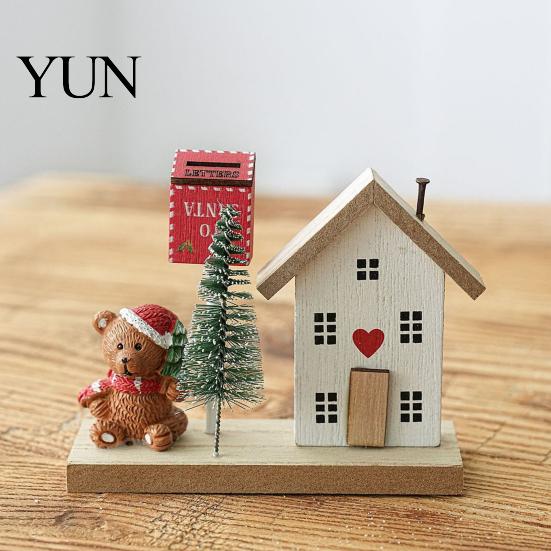 Nordic Style Christmas Scene Mini Village House Figurine, Winter Ornament with Snowman Hand Painted Wood Town Bear & Mailbox, Desktop Tabletop Holiday