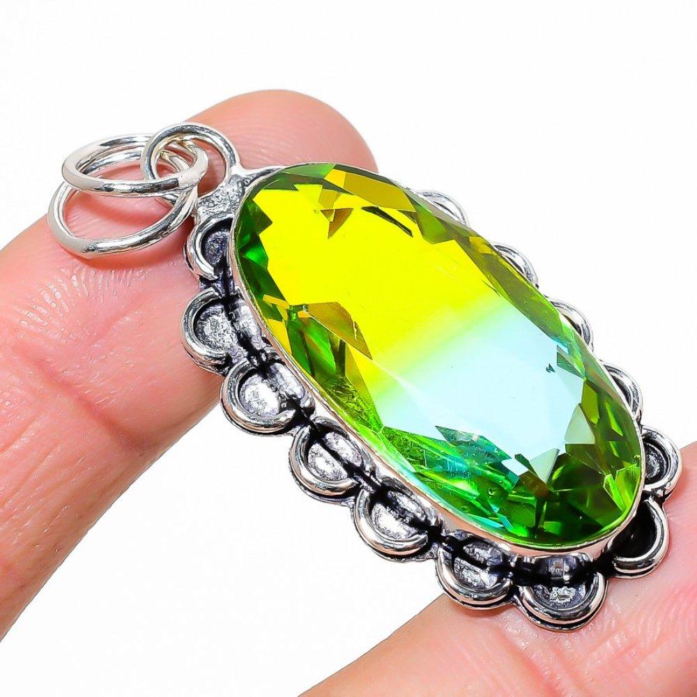 Natural Bi-Color Tourmaline Gemstone 925 Sterling Silver Pendant 2.17" I8w79