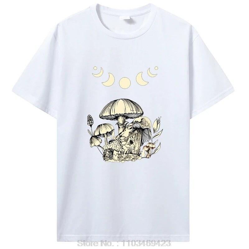 Винтажная футболка в стиле панк Cottagecore с эстетической лягушкой, женская футболка унисекс с грибом и луной Witchy, одежда унисекс, футболка с короткими рукавами и графикой