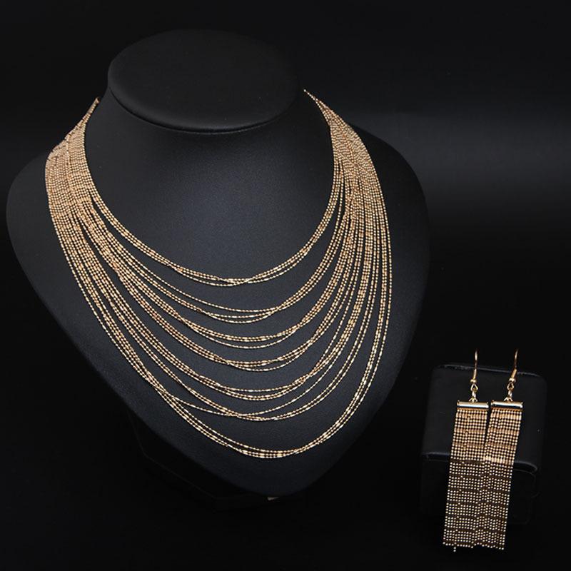 Gold Tassel Necklace Earrings Set Women's Multi-layer Jewelry Dress Fashion Accessories