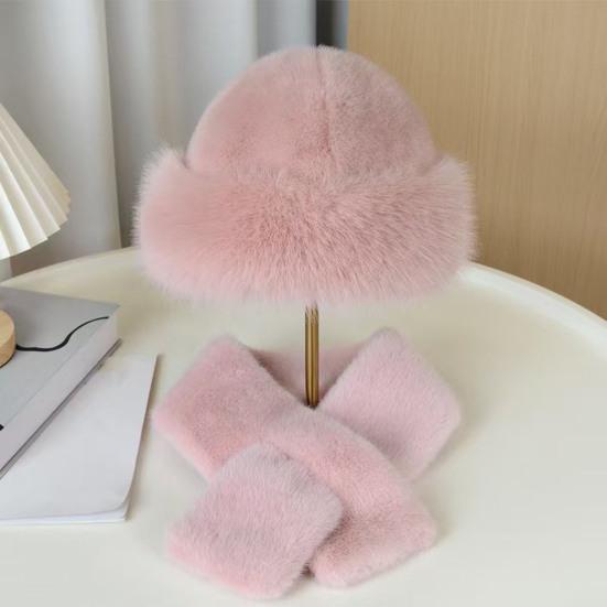 Winter Fuzzy Hat Scarf Set for Women Faux Fur Collar Wrap Scarf Thickened Plush Warm Cap for Cold Weather