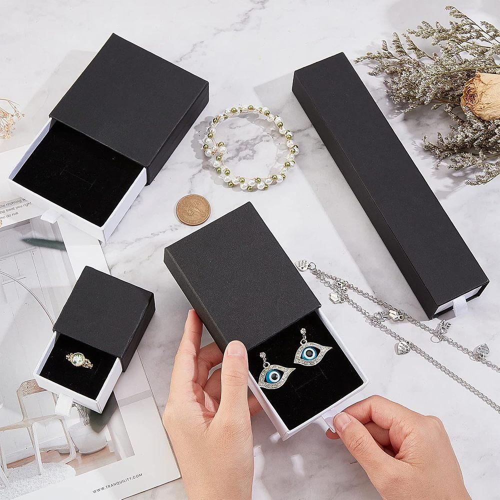 4Pcs 4 Style Cardboard Jewelry Boxes with White Drawers for Anniversaries Weddings Birthdays Black 5.2~22x4.55~9.05x3.05~3.55cm