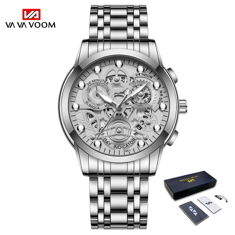 VA VA VOOM Золотые полые светящиеся кварцевые часы Часы со скелетом Мужские часы Импортные механизмы Деловые виды спорта для мужа Подарок Мужские часы из нержавеющей стали