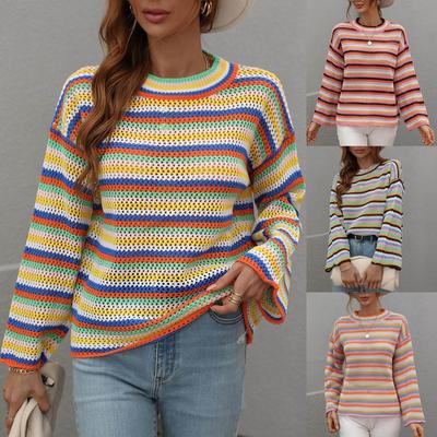 Женский и зимний вязаный свитер с цветными вставками, круглым вырезом, длинными рукавами, в полоску