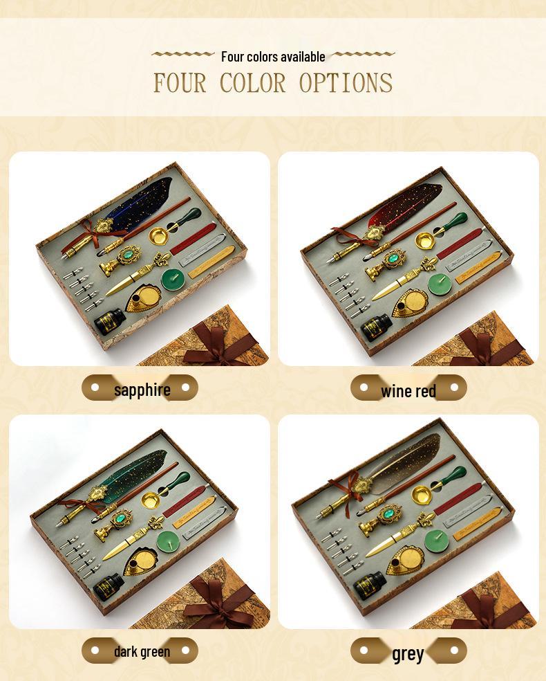 British Style Gold Splatter Feather Pen Set with Custom Logo - Ink Dipping Set, Birthday Gift