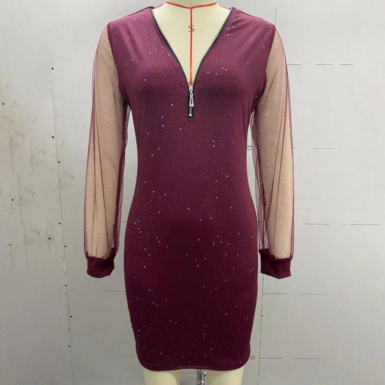 Женское платье на молнии с V-образным вырезом, прозрачная сетка в стиле пэчворк, с длинными рукавами, облегающее мини-платье с высокой талией и блестящими пайетками, женское осенне-весеннее мини-платье